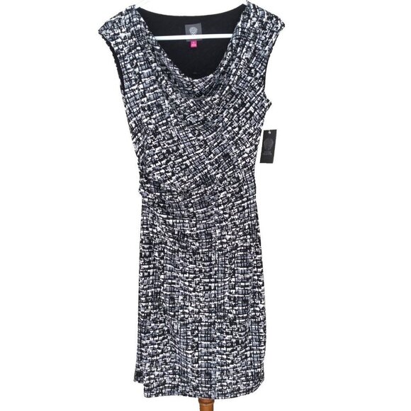 Vince Camuto Black Cowl Neck Sheath Dress Side Ruching $128 Size 4 White Print - Picture 1 of 7